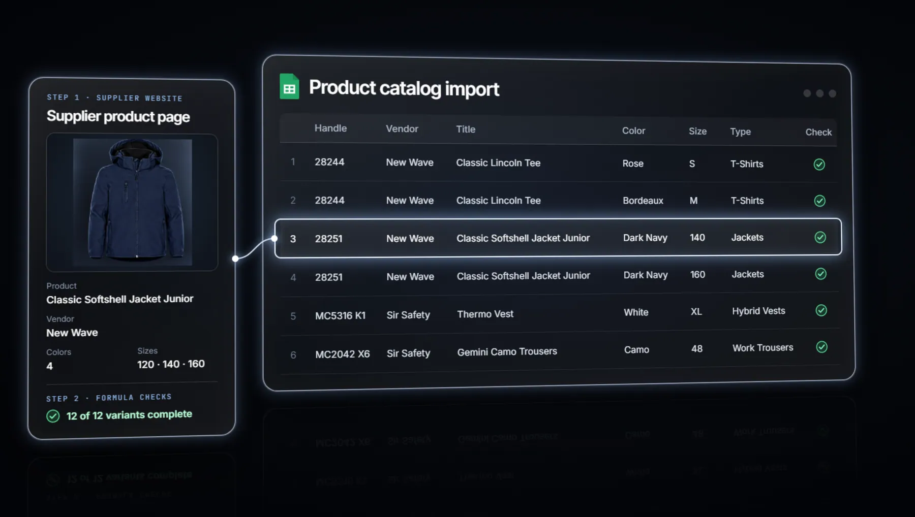 Supplier products gathered into one tidy sheet